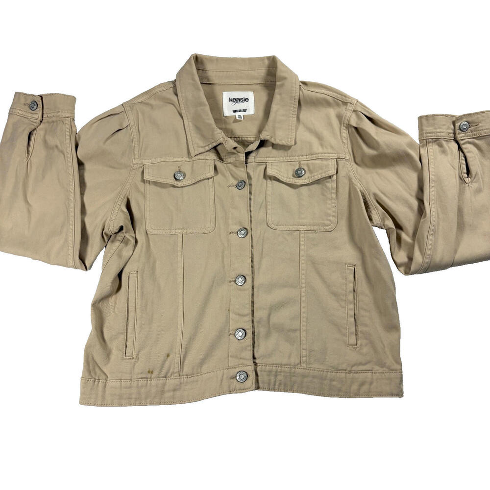 Kensie Jeans Jacket Womens XL Beige Button Front Casual Retro Utility Style